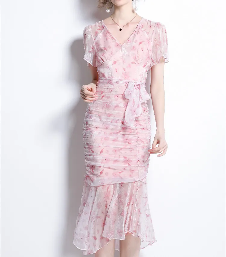JSXDHK High Quality Women Sexy V Neck Pink Mermaid Dress Fashion Summer Flower Print Chiffon Lace Up Bodycon Slim Midi Vestidos
JSXDHK High Quality Women Sexy V Neck Pink Mermaid Dress Fashion Summer Flower Print Chiffon Lace Up Bodycon Slim Midi Vestidos