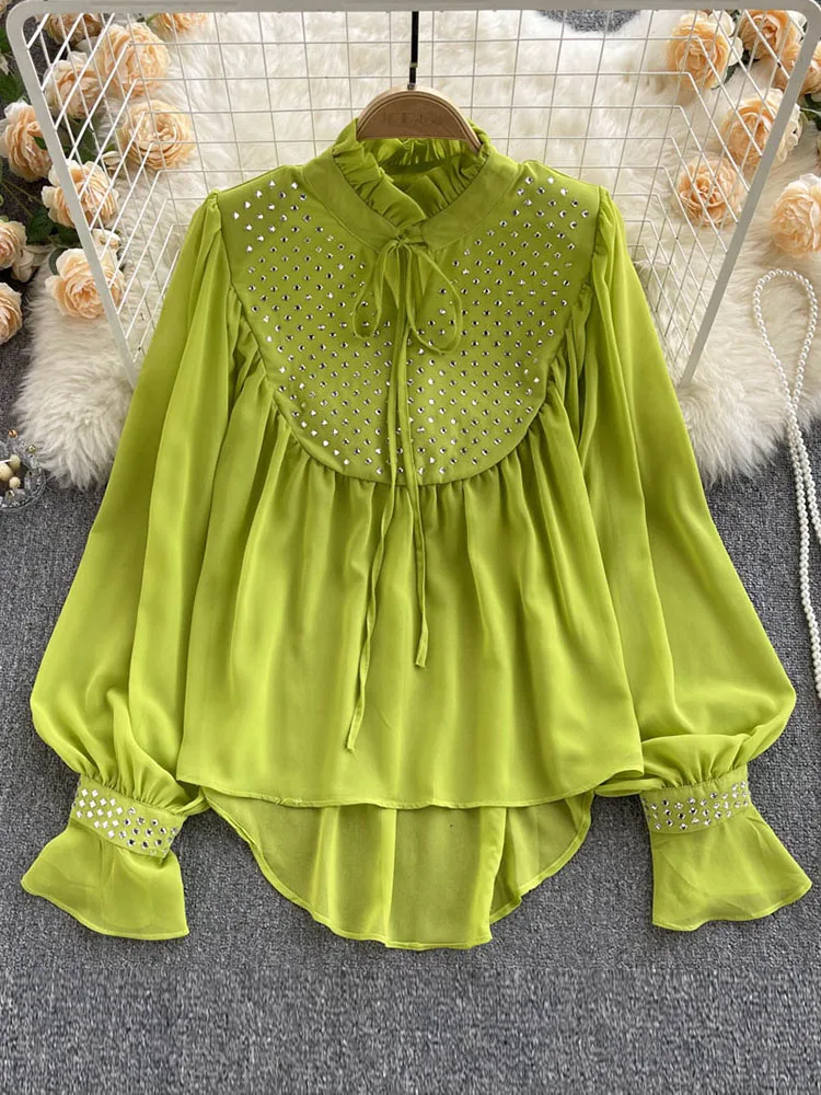 Women 2022 spring new sexy French retro heavy industry hot drilling fungus edge trumpet sleeve folds blouse tops female D0741 
Women 2022 spring new sexy French retro heavy industry hot drilling fungus edge trumpet sleeve folds blouse tops female D0741