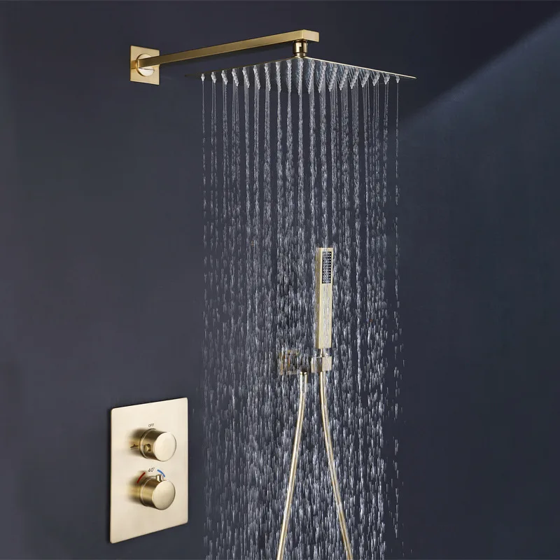 

Bathroom Shower Faucet Set Wall Concealed Thermostatic Brushed Gold Finishe Bathtub 10 Inch Head Brass