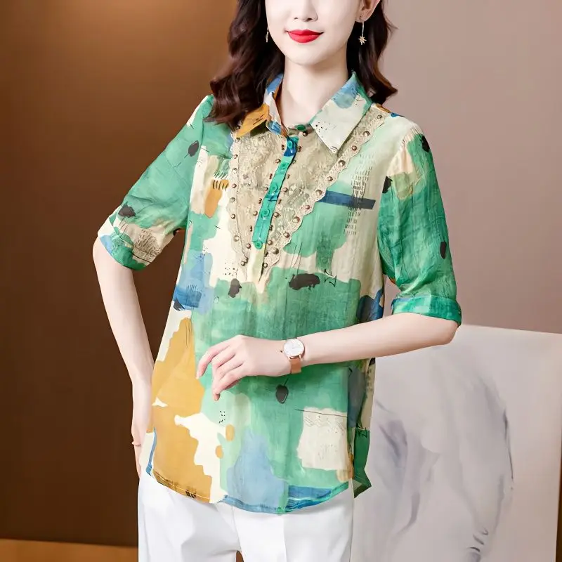 Female Clothing Fashion Printed Shirt Vintage Lace Spliced Summer Chic Beading Button Casual Half Sleeve Turn-down Collar Blouse
Female Clothing Fashion Printed Shirt Vintage Lace Spliced Summer Chic Beading Button Casual Half Sleeve Turn-down Collar Blouse