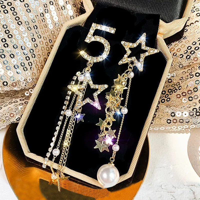 

Fashion Jewelry Simulation Pearl Tassel Earrings Long Rhinestone Five-pointed Star Asymmetric Earrings For Women Gifts Pendiente