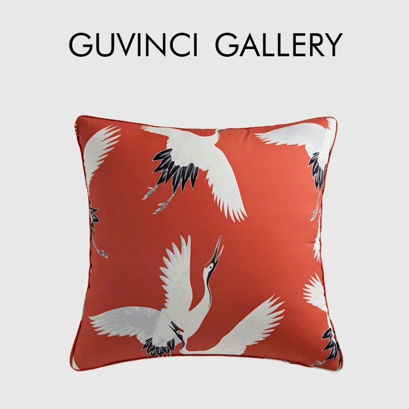 

GUVINCI Red Cranes Throw Pillow Covers Vintage Style Asian Inspired Decorative Cushion Birds Decor Pillowcase Housewarming Gifts