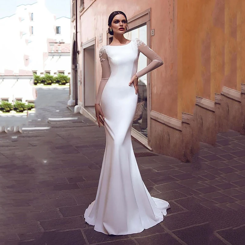 Satin Mermaid Wedding Dress Boho Lace Appliques Bride Dresses Long Sleeves Simple For Women Csutomize To Measures Civil Robe
Satin Mermaid Wedding Dress Boho Lace Appliques Bride Dresses Long Sleeves Simple For Women Csutomize To Measures Civil Robe