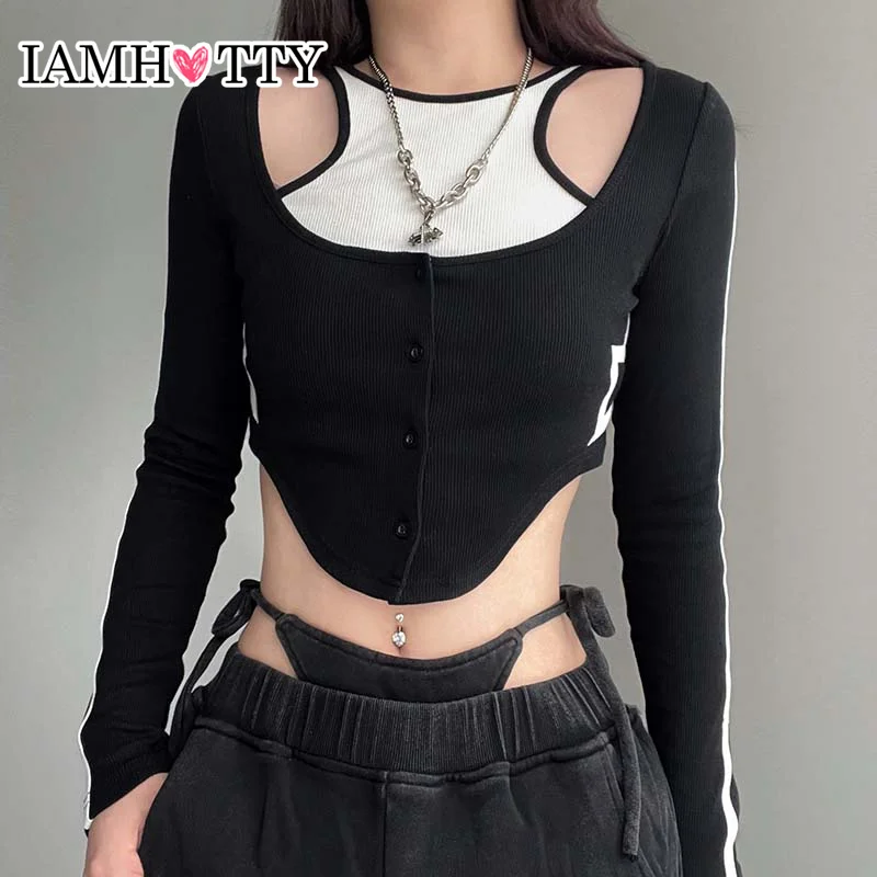 

IAMHOTTY Side Star Patched Embroidery Asymmetrical Cropped Top Black O-neck Slim Button up Contrast Patchwork T-shirts Women Tee