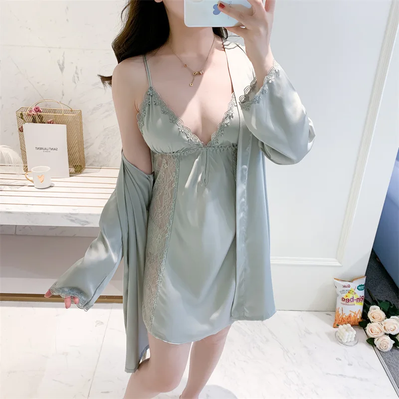 Women Bathrobe Sexy Hollowed Out Nightdress Pajamas Lounge Wear Luxury Robe And Gown Set Summer Satin Lace Sleepwear 
Women Bathrobe Sexy Hollowed Out Nightdress Pajamas Lounge Wear Luxury Robe And Gown Set Summer Satin Lace Sleepwear