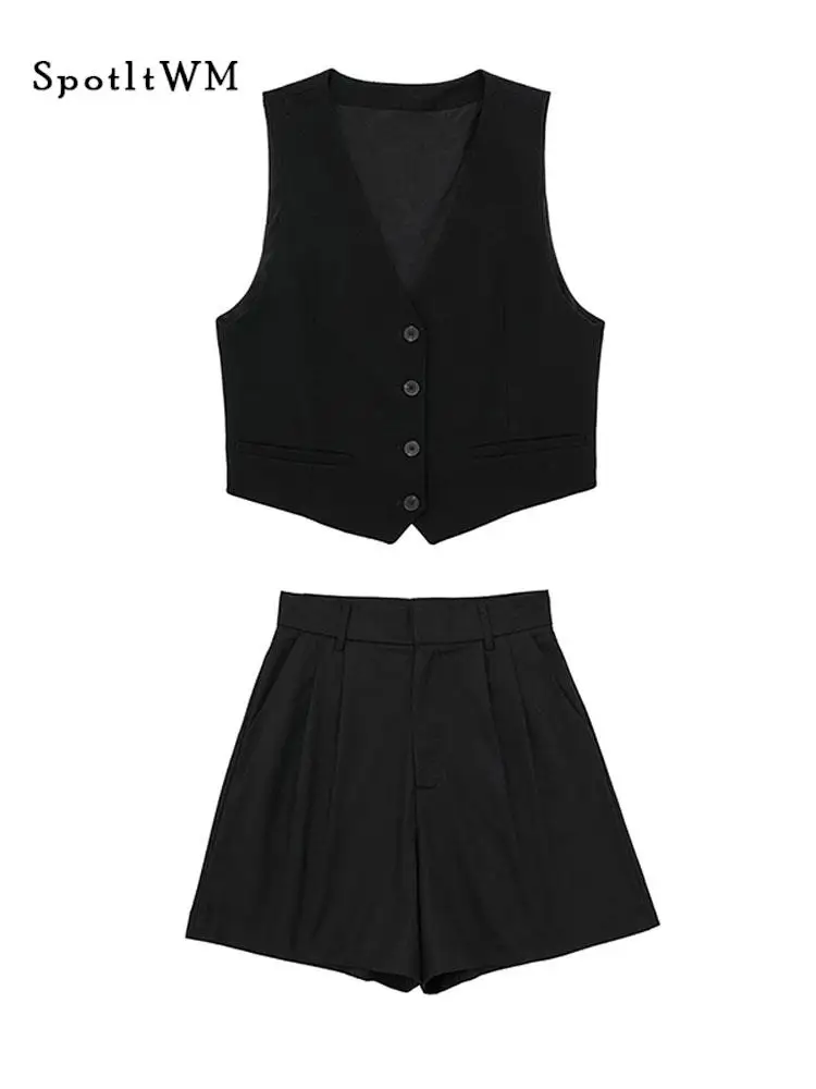 Women Wide Leg Shorts 2 Pieces Set Casual V-neck Single Breasted Sleeveless Vest Suits 2023 Fashion Lady High Waist Shorts Suits 
Women Wide Leg Shorts 2 Pieces Set Casual V-neck Single Breasted Sleeveless Vest Suits 2023 Fashion Lady High Waist Shorts Suits