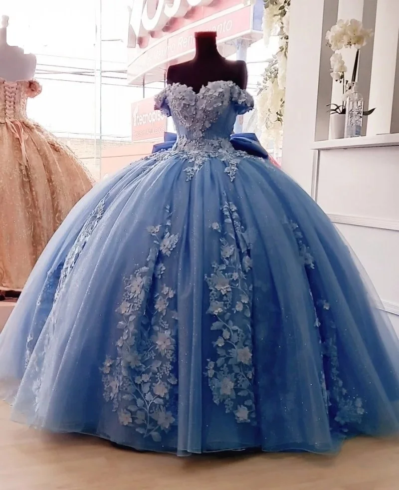

Роскошное милое пыльное синее платье ANGELSBRIDEP Quinceanera с 3D цветочной аппликацией платья с открытыми плечами 15 лет