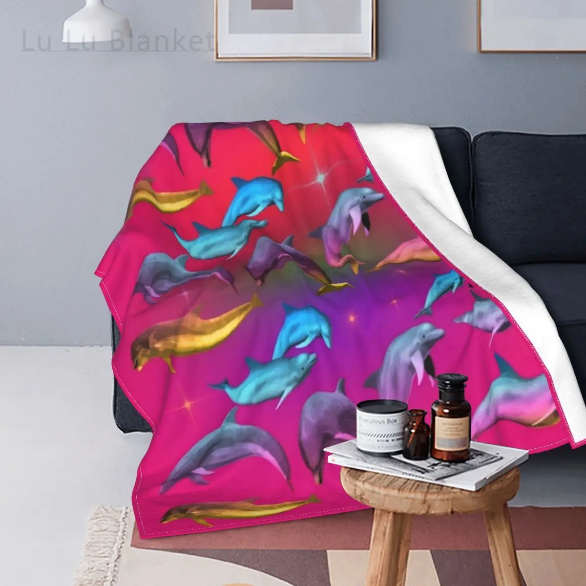 

Dreamy Colorful Dolphin Blanket Flannel All Season Marine Wildlife Super Soft Throw Blankets for Bed Office Plush Thin Quilt