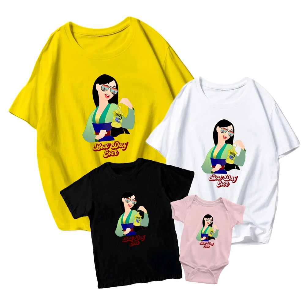 Disney Cartoon T-Shirt Mulan Princess with Sunglasses Kids Short Sleeve Baby Girl Boy Romper Family Matching Unisex Adult Top
Disney Cartoon T-Shirt Mulan Princess with Sunglasses Kids Short Sleeve Baby Girl Boy Romper Family Matching Unisex Adult Top