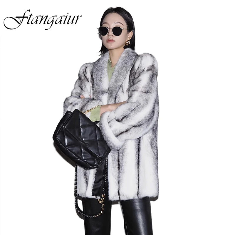 

Зимнее пальто Ftangaiur для женщин, импортное бархатное пальто из меха норки с перекрестными вставками, женские полушубы из натурального меха норки средней длины с отложным воротником