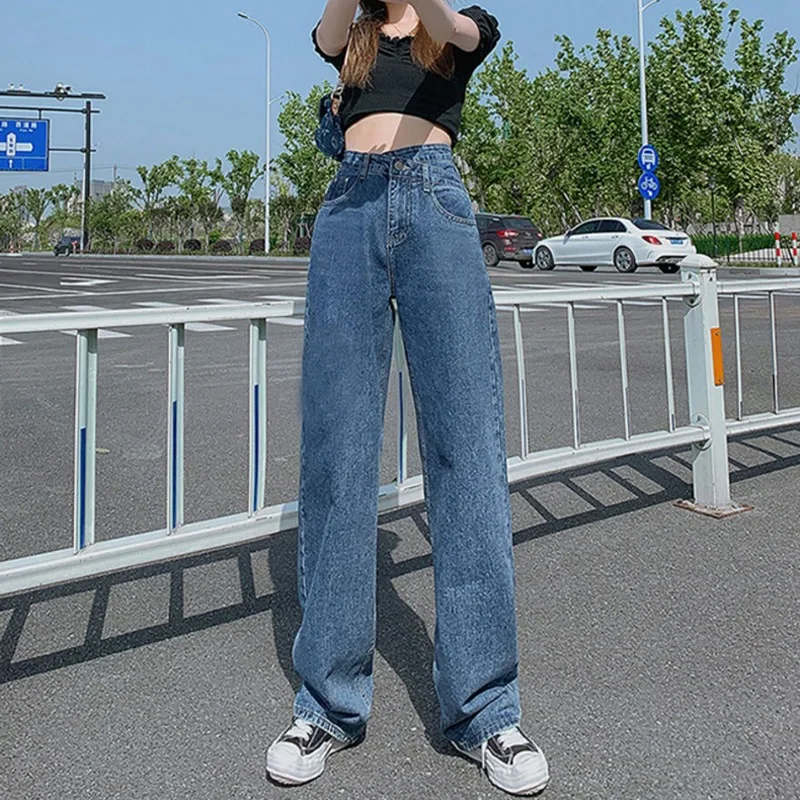 

High-waist Jeans Women's Spring and Autumn Straight Tube Loose Show Thin Drape Diagonal Buttoned Work Clothes Mop Pants