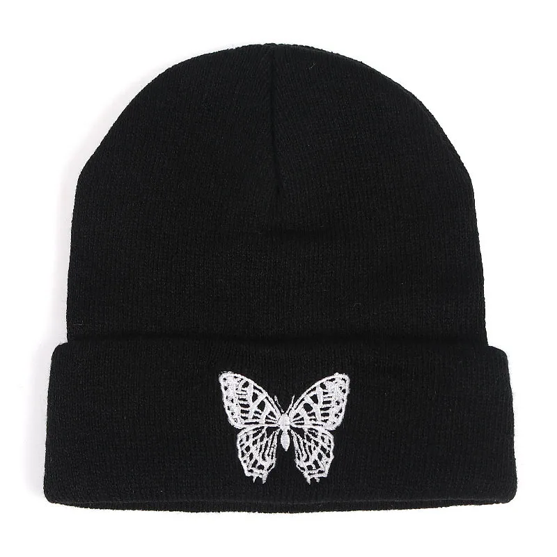 

Вязаная шапка в стиле хип-хоп с вышивкой бабочки, эластичная Шапка-бини с черепами для женщин и мужчин, осенне-зимняя шерстяная теплая шапка-...