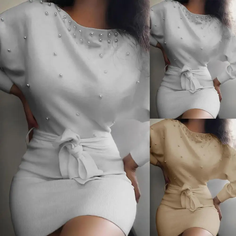 Dress Women Bodycon Solid Color Elegant Mini Long Puff Sleeve Beads Belt Party Dress
Dress Women Bodycon Solid Color Elegant Mini Long Puff Sleeve Beads Belt Party Dress