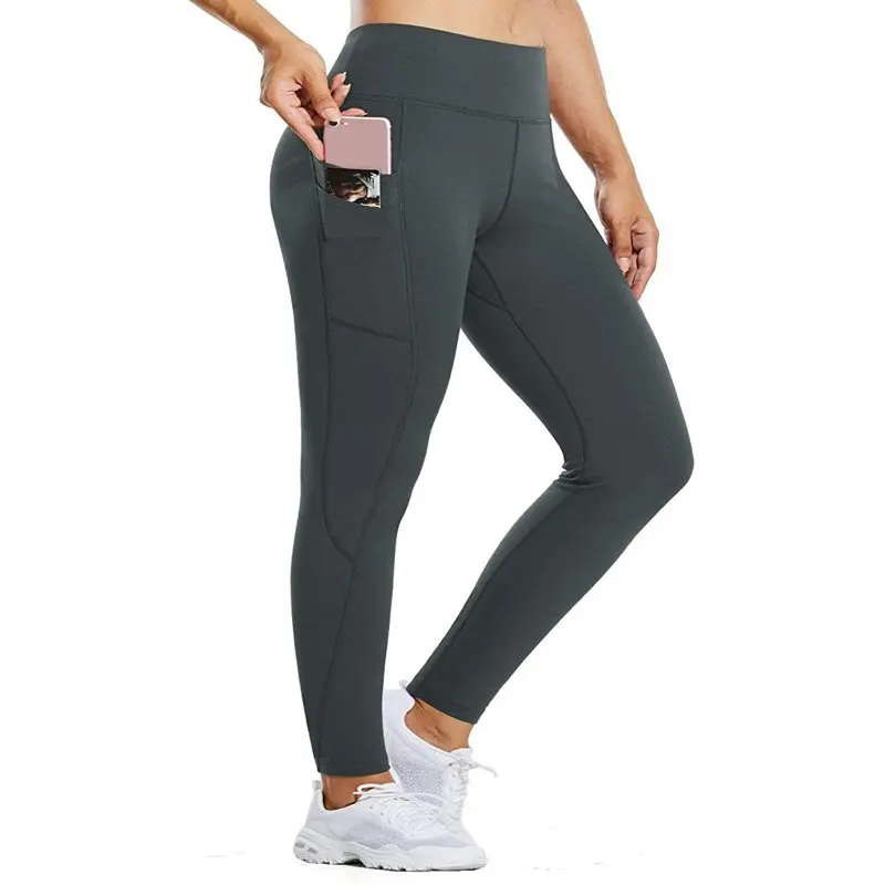 

Women`s Fleece Lined Water Resistant Legging High Waisted Thermal Winter Hiking Running Tights Pockets Light Grey Large