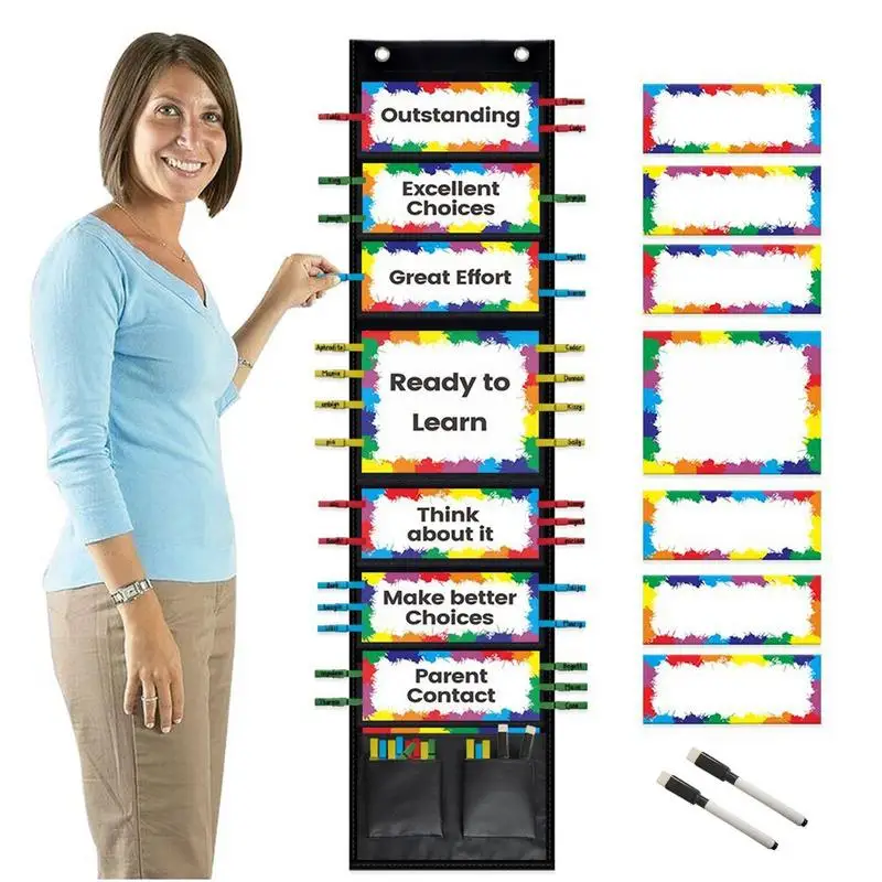 

Kids Behavior Chart Track Behavior Reward Pocket Chart For Children Dangling Bulletin Board With Wooden Clips Multifunctional