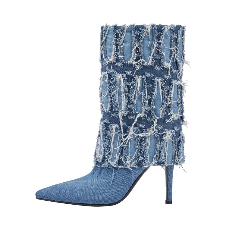 2023Autumn Denim Blue Women Boots Pointed Toe Thin High Heels Cowboy Riding Botas Distress Design Mid Calf Lady Knight Botines
2023Autumn Denim Blue Women Boots Pointed Toe Thin High Heels Cowboy Riding Botas Distress Design Mid Calf Lady Knight Botines