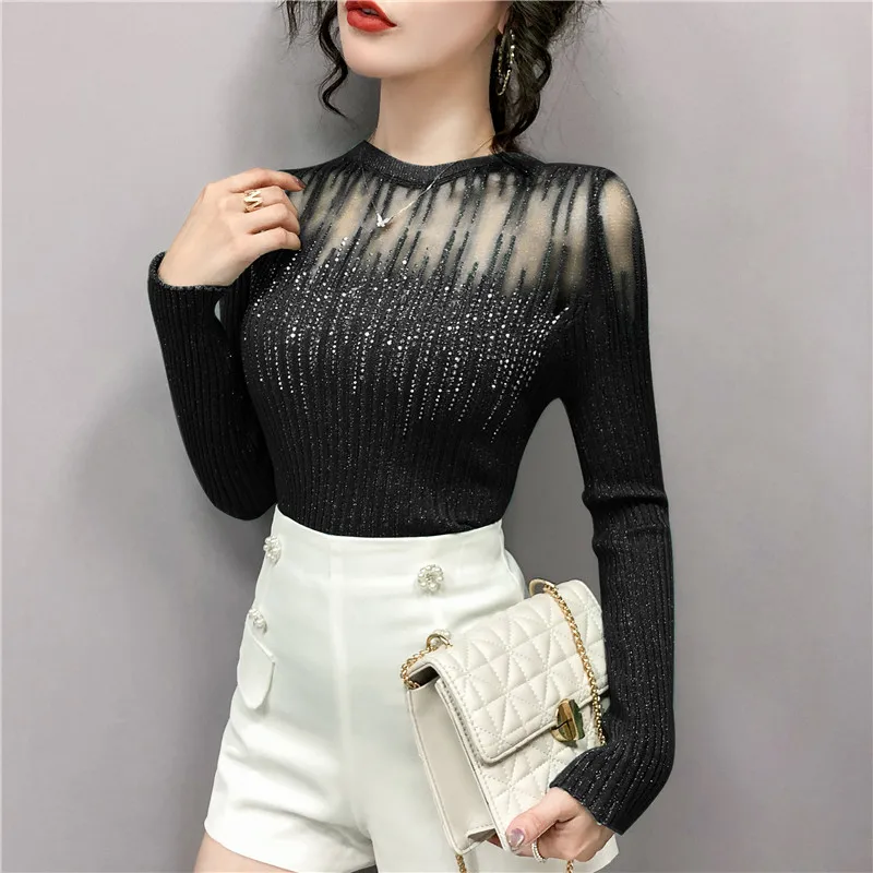 Women Autumn Spring Tops Sexy Diamonds Transparent Mesh Patchwork Knit T-shirt Ladies Fashion Solid Elastic Tees Shirt One Size
Women Autumn Spring Tops Sexy Diamonds Transparent Mesh Patchwork Knit T-shirt Ladies Fashion Solid Elastic Tees Shirt One Size