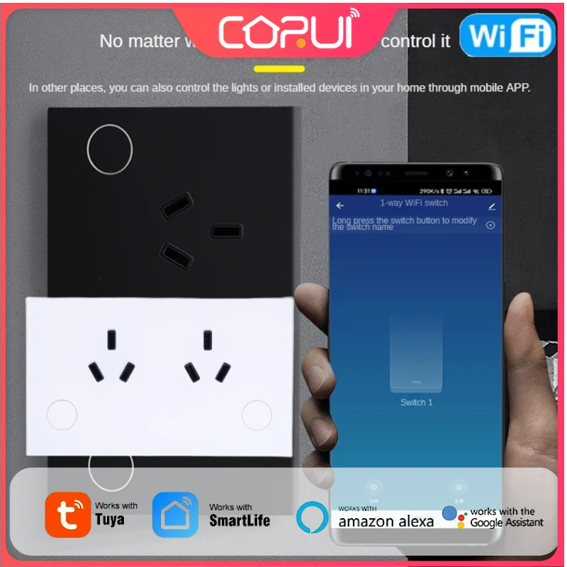 CORUI Tuya WIFI Smart Plug Smart Touch Switch 15A Double AU Socket Support Smart Life APP Light Wall Button Alexa Google Home
CORUI Tuya WIFI Smart Plug Smart Touch Switch 15A Double AU Socket Support Smart Life APP Light Wall Button Alexa Google Home