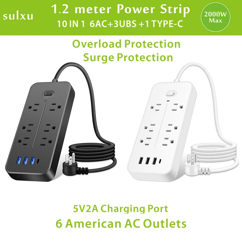

Американский сетевой фильтр с защитой от перенапряжения на 6 розеток переменного тока с USB-разъемом для зарядного устройства на 5 В, 2 А, плата расширения кабеля длиной 1,2 м