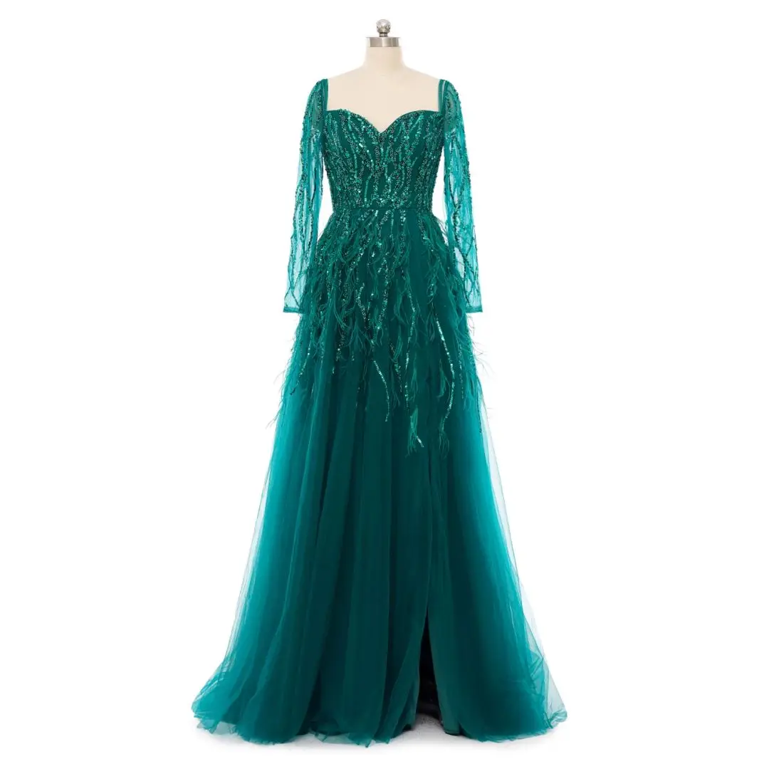 Exquisite Long Sleeve Green Beaded Evening Dresses With Feathers فساتين سهرة Dubai Open Back Prom Dress Abendkleider for Women
Exquisite Long Sleeve Green Beaded Evening Dresses With Feathers فساتين سهرة Dubai Open Back Prom Dress Abendkleider for Women
