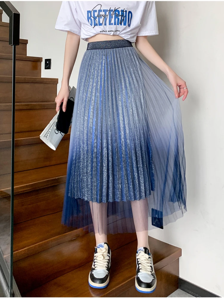 Fashion Mesh Pleated Long Skirt Women Spring Fall Big Swing Gradient Color Gauze Skirt Female Spring Eleagnt A Line Faldas Mujer
Fashion Mesh Pleated Long Skirt Women Spring Fall Big Swing Gradient Color Gauze Skirt Female Spring Eleagnt A Line Faldas Mujer