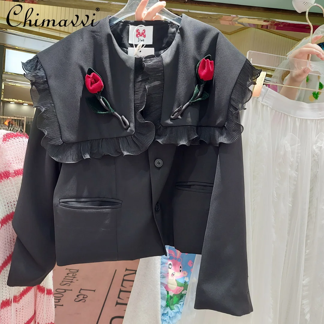 High-End Fashion Doll Collar Fungus Lacework Flower Stitching Loose Black Coat Early Autumn New Short Elegatn Suit Jacket
High-End Fashion Doll Collar Fungus Lacework Flower Stitching Loose Black Coat Early Autumn New Short Elegatn Suit Jacket