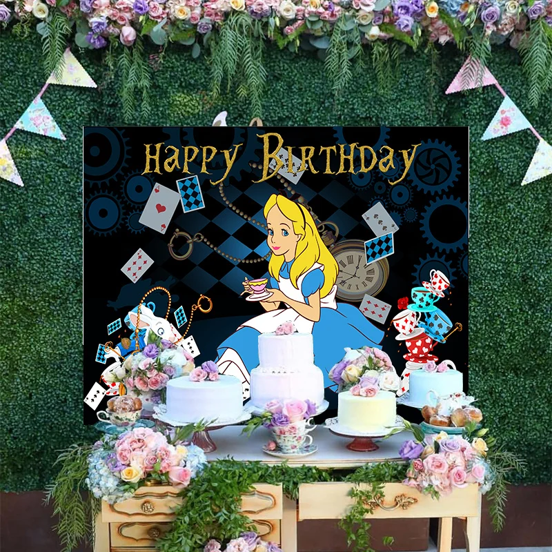 

Cartoon Cute Alice In Wonder Disney Magic World Princess Happy Birthday Party Playing Cards Photo Backdrop Decoration Background