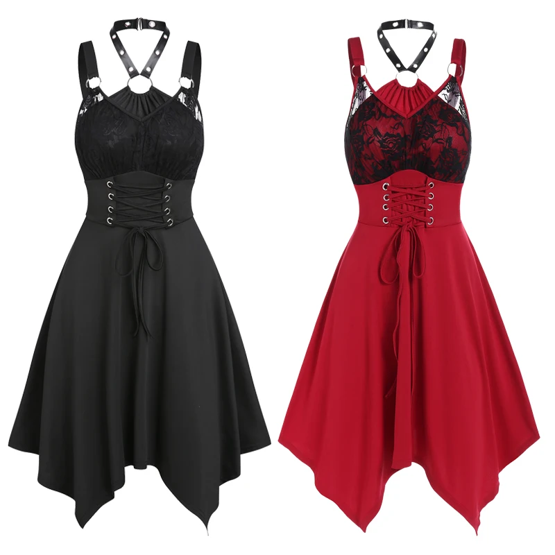 

Women's Gothic Asymetrical A Line Dresses Corset Style Lace-up Rose Lace Insert O Ring Halter Dress Witchcore Summer Dress S-3XL