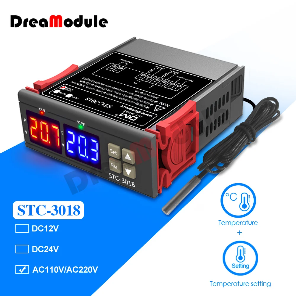 STC-3018 Two Relay Digital Thermostat Temperature Controller for Incubator STC 3018 Thermometer Control Switch 10A 240V AC Relay
STC-3018 Two Relay Digital Thermostat Temperature Controller for Incubator STC 3018 Thermometer Control Switch 10A 240V AC Relay