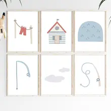 Beach House Coastal Fishing Rod Clothes Hanger Sailing Adventure Nursery Wall Art Canvas Posters Kids Room Decor Nordic Prints