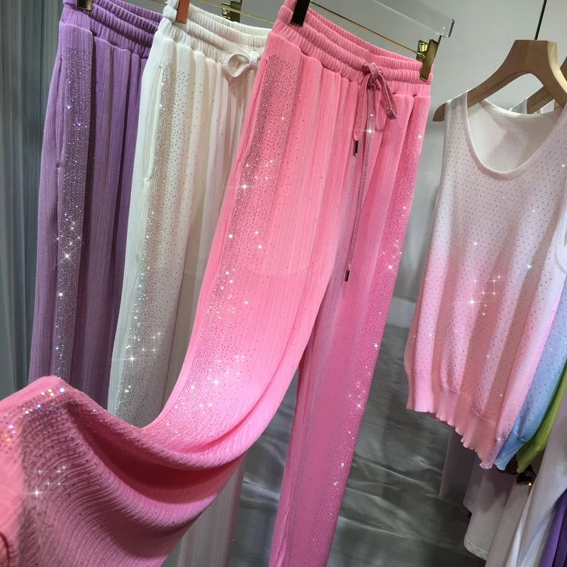 Side Hot Drill Floor-length Women Trousers 2022 New Summer Cool Ice Silk Silky Lace-up Elastic Waist Wide Leg Pants Streetwear
Side Hot Drill Floor-length Women Trousers 2022 New Summer Cool Ice Silk Silky Lace-up Elastic Waist Wide Leg Pants Streetwear