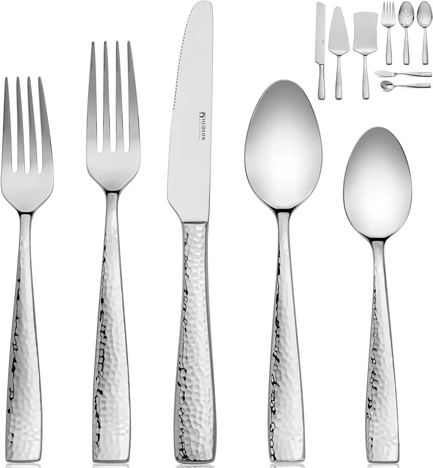 

Hammered 18/10 Stainless Steel Silverware Cutlery Set with Serving Set and Cake Knife, Flatware Service for 12 Korean spoon and