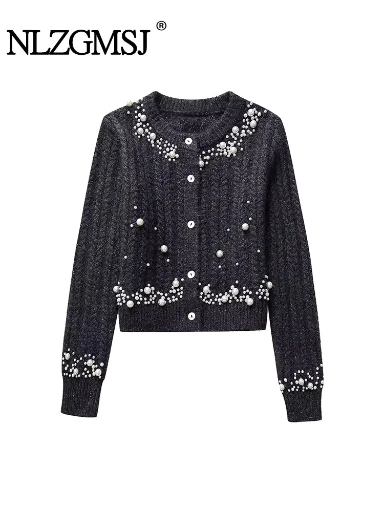 

TRAF 2024 Autumn Winter Pearl Decoration Knitted Cardigans for Women Long Sleeve Cropped Cardigan Woman weater Elegant Knitwear