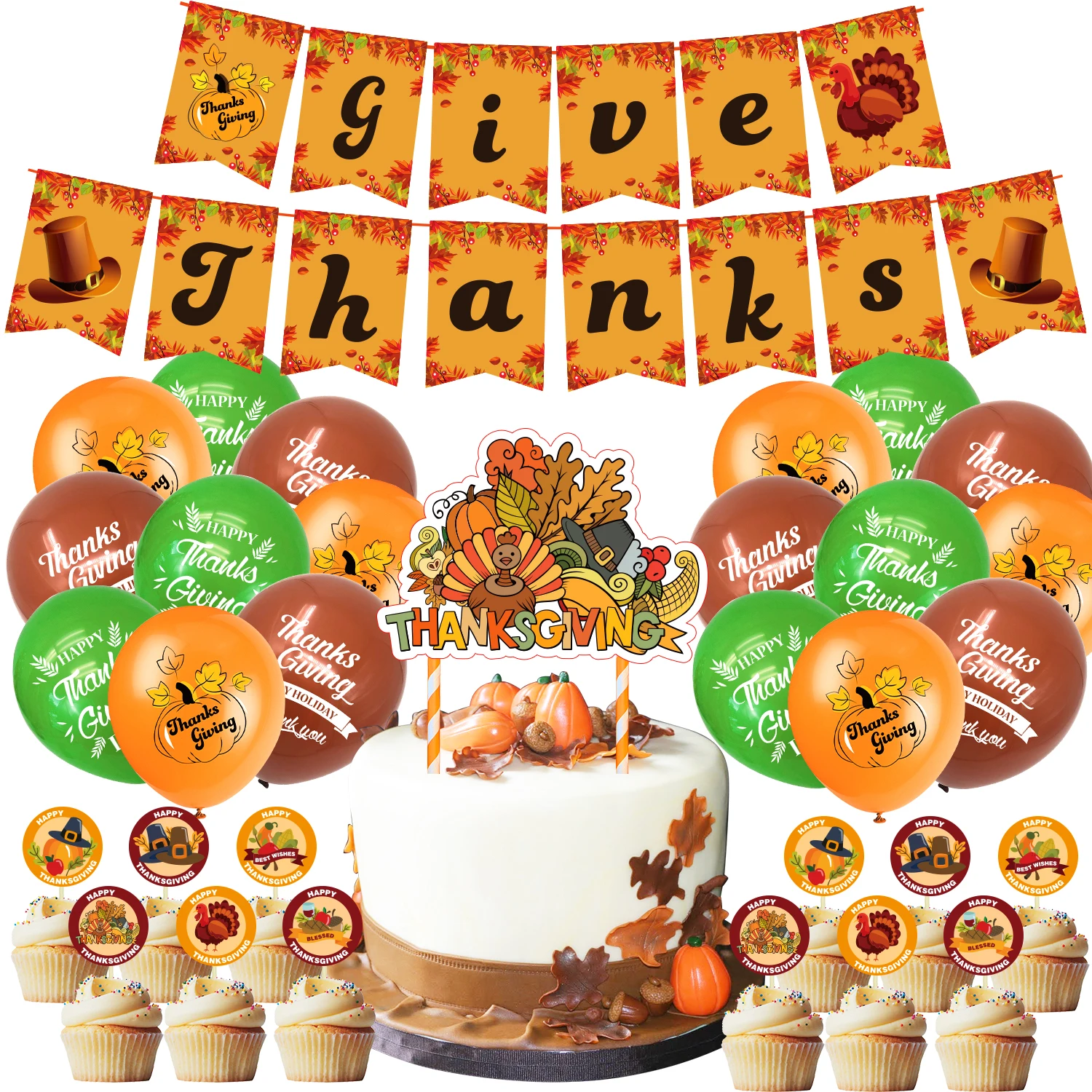 

Thanksgiving Day Give Thanks Theme Party Set Turkey Pumpkin Maple Leaf Decoration Banner Balloon Cake Topper Funny Party