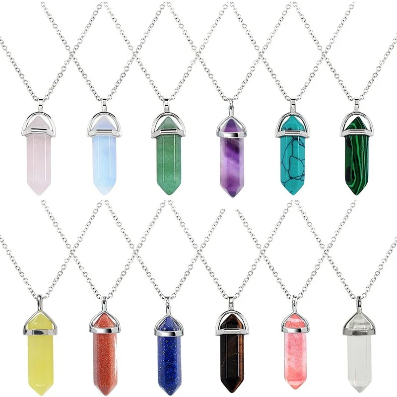 

20PCS Natural Stone Chakra Reiki Healing Hexagonal Opal Amethysts Pink Quartz Crystal Pendulum Necklace