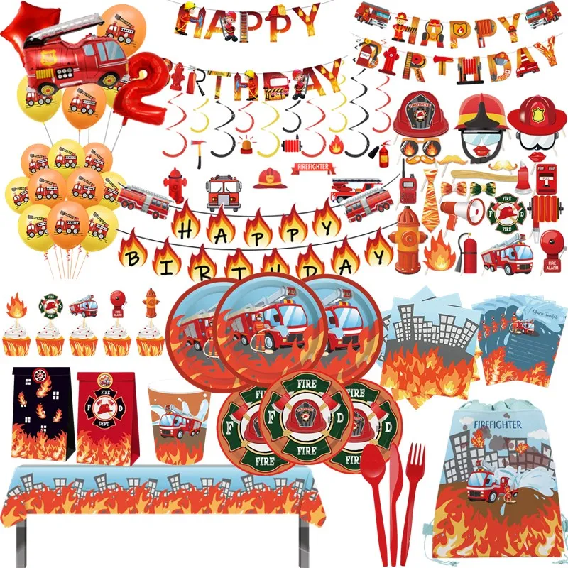 

Fire Truck Party Supplies Plates Napkins Cups Tablecloth Banner Firefighter Sam Party Decorations Kids Boys Home Decor Outdoor