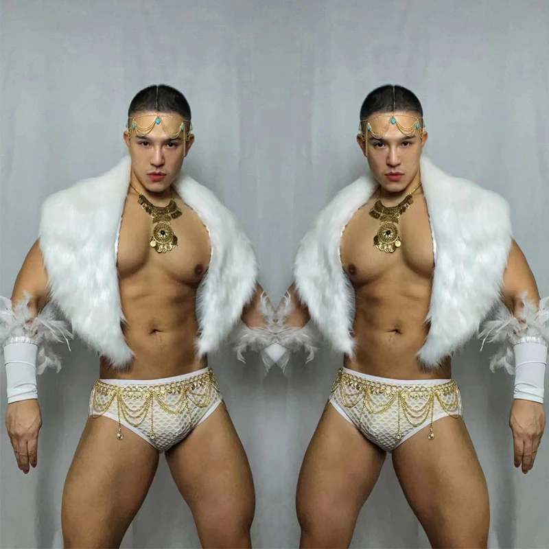 Bar Nightclub Dj Ds Pole Dance Clothing White Fur Shawl Mesh Briefs Men Gogo Costumes Christmas Outfit Stage Show Wear XS5643
Bar Nightclub Dj Ds Pole Dance Clothing White Fur Shawl Mesh Briefs Men Gogo Costumes Christmas Outfit Stage Show Wear XS5643