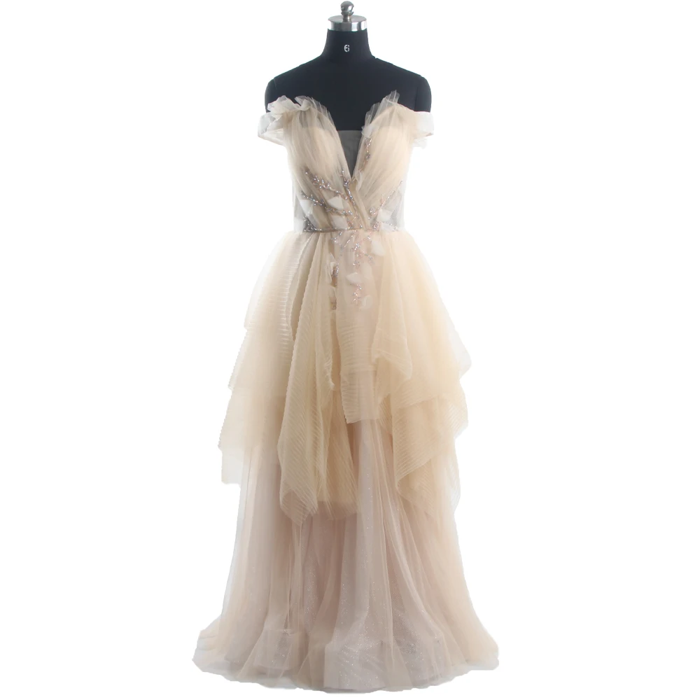 Evening Dresses Champagne Tulle Pleat Off the Shoulder Beading Lace up Tiered A-line Floor Length Plus Women Party Dress B436
Evening Dresses Champagne Tulle Pleat Off the Shoulder Beading Lace up Tiered A-line Floor Length Plus Women Party Dress B436