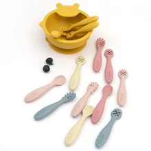 3PCS Kawaii Baby Learning Spoons Utensils Set Toddler Feeding Tableware Baby Silicone Teether Toys Training Cutlery Baby Stuff