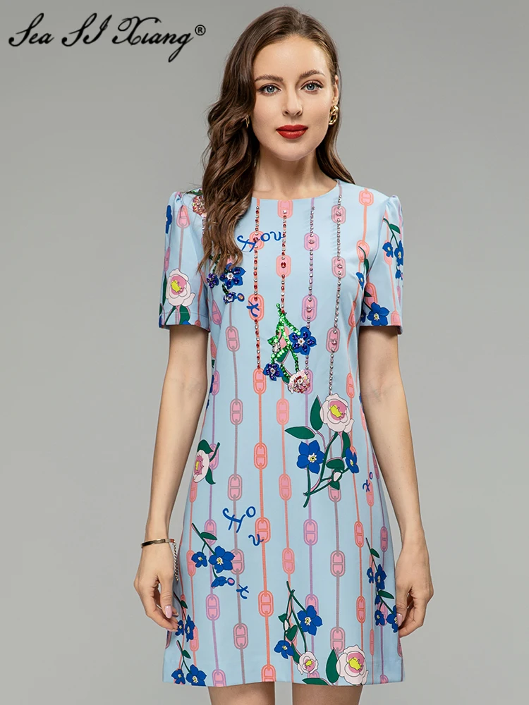 Seasixiang Fashion Designer Spring Summer Women Dress O-Neck Short Sleeve Crystal Diamonds Flowers Print Elegant Party Dresses
Seasixiang Fashion Designer Spring Summer Women Dress O-Neck Short Sleeve Crystal Diamonds Flowers Print Elegant Party Dresses