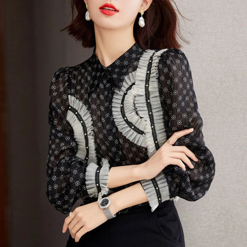Office Lady Elegant Long Sleeve Lace Chiffon Shirt Summer Woman Fashion Pullover Stand Collar Splicing Vintage Printing Blouse
Office Lady Elegant Long Sleeve Lace Chiffon Shirt Summer Woman Fashion Pullover Stand Collar Splicing Vintage Printing Blouse