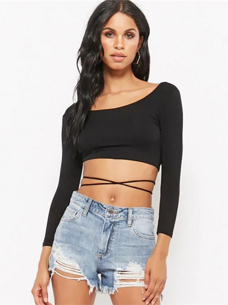 Women Casual Long Sleeve Backless Crop T-shirt Fashion Solid Stretch Bare Midriff Tops Slim Skinny Tees With Bandage
Women Casual Long Sleeve Backless Crop T-shirt Fashion Solid Stretch Bare Midriff Tops Slim Skinny Tees With Bandage
