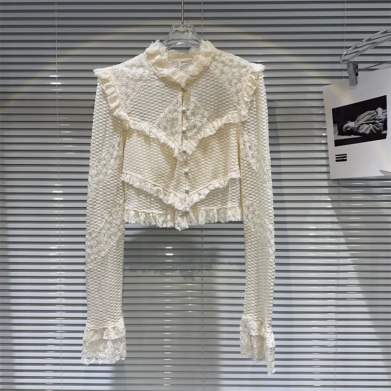 High Quality 2023 New Fashion Autumn Women Blouse Hook Flower Hollow Lace Long Sleeve Edible Tree Fungus Button Beige Shirt
High Quality 2023 New Fashion Autumn Women Blouse Hook Flower Hollow Lace Long Sleeve Edible Tree Fungus Button Beige Shirt