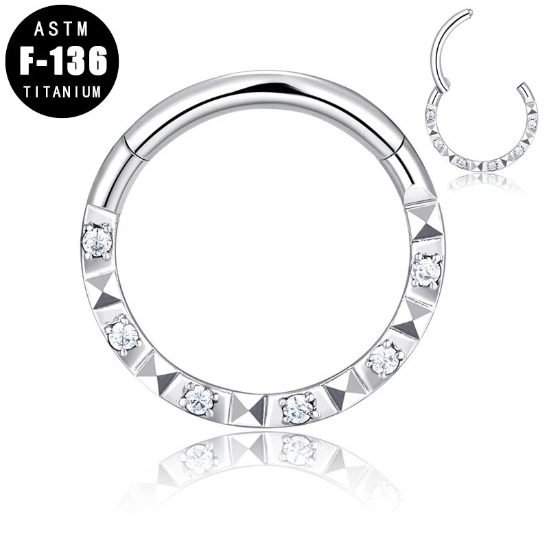 ASTM F136 Titanium Nose Ring Hinged Segment CZ Pyramid Cuts Front Septum Clicker Lip Ear Cartilage Helix Ring Hoop Piercing 
ASTM F136 Titanium Nose Ring Hinged Segment CZ Pyramid Cuts Front Septum Clicker Lip Ear Cartilage Helix Ring Hoop Piercing