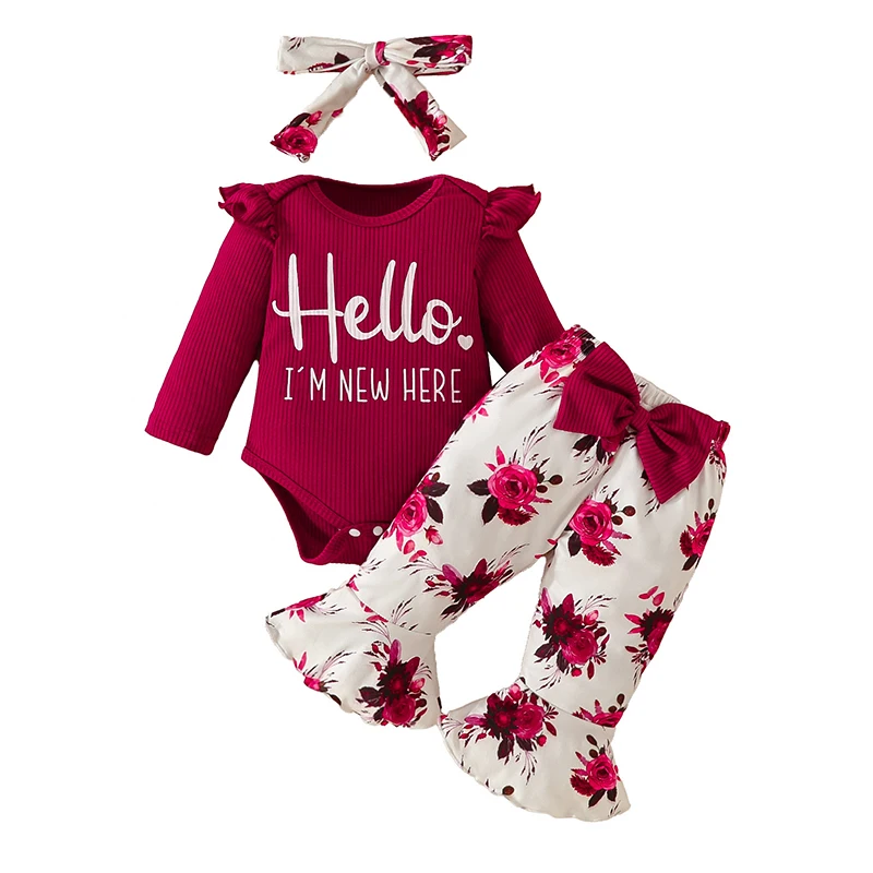 

0-18 Months Baby Girl Suits 3 PCS Set Long Sleeve Pit Stripe Letter Print Bodysuit Bow Flared Pants Hairband Babies Girl Clothes