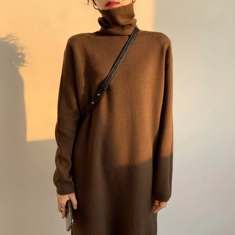 

2022 Casual autumn winter turtleneck thick maxi weater pullovers dress Women basic loose sweater female vintage Knit long dress
