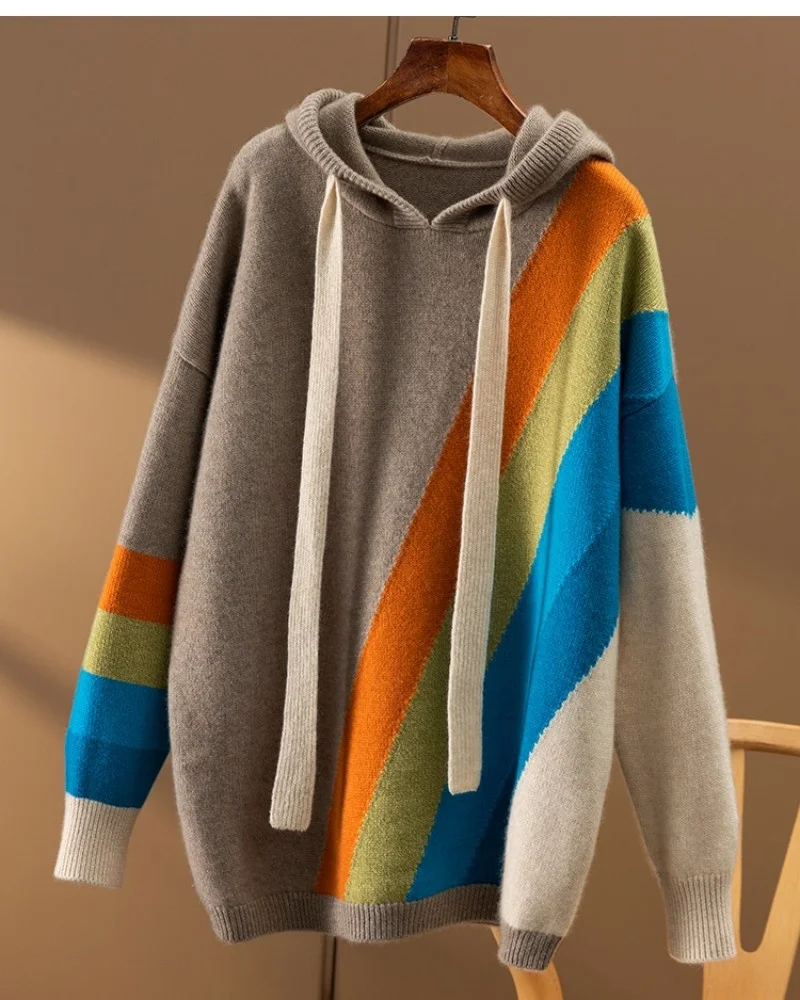 Autumn/Winter 2022 new rainbow inlaid loose and thick hooded 100% pure cashmere sweater women's hoodie long sleeve
Autumn/Winter 2022 new rainbow inlaid loose and thick hooded 100% pure cashmere sweater women's hoodie long sleeve