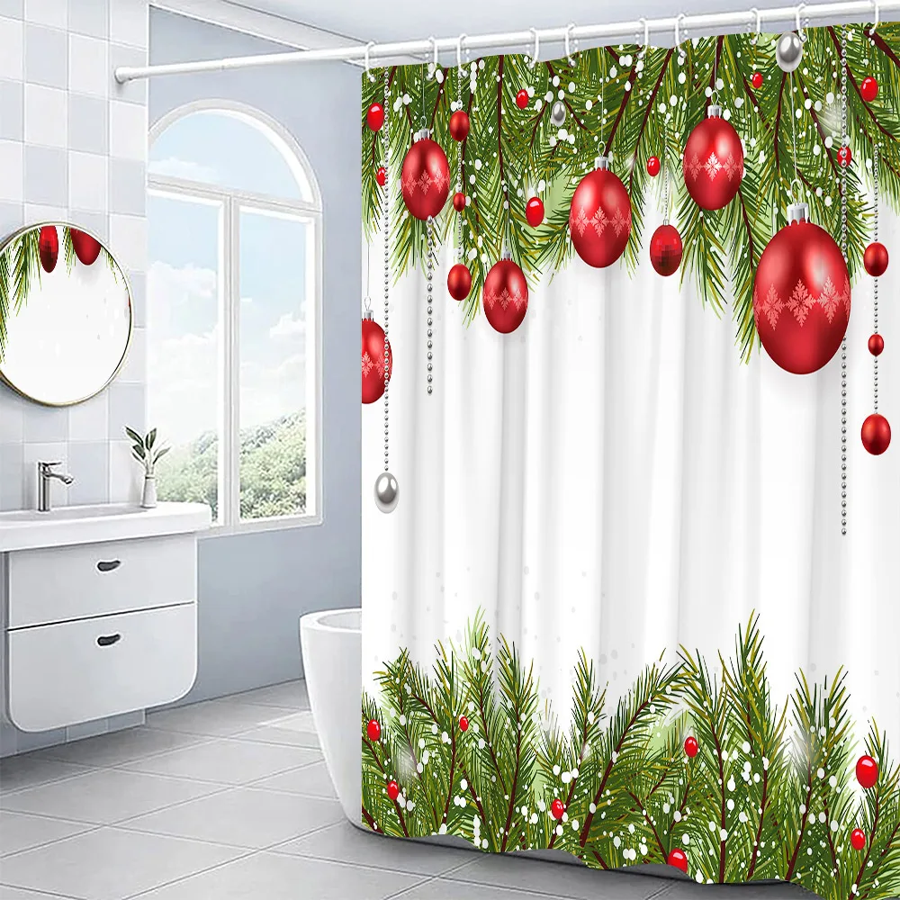 

Christmas Shower Curtain Red Xmas Ball Pine Branch Snowflake Santa Claus Reindeer Snowman Winter Holiday Bathroom Decor Fabric