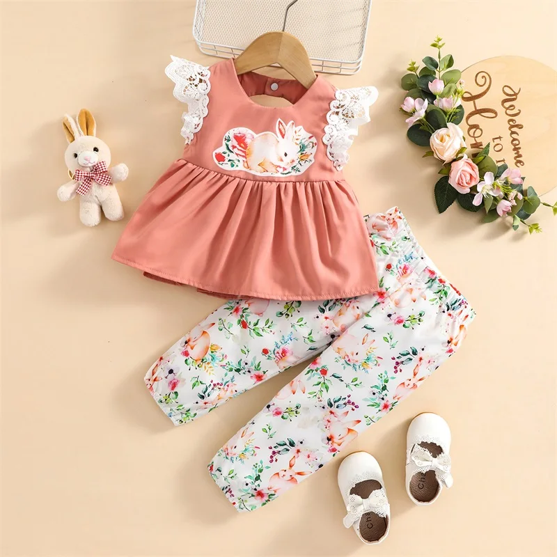 1-6 Years Girls Clothes Rabbit Flower Print Lace Flying Sleeve T shirt Elastic Waist Pants Kids Casual Summer Two-Piece Set
1-6 Years Girls Clothes Rabbit Flower Print Lace Flying Sleeve T shirt Elastic Waist Pants Kids Casual Summer Two-Piece Set