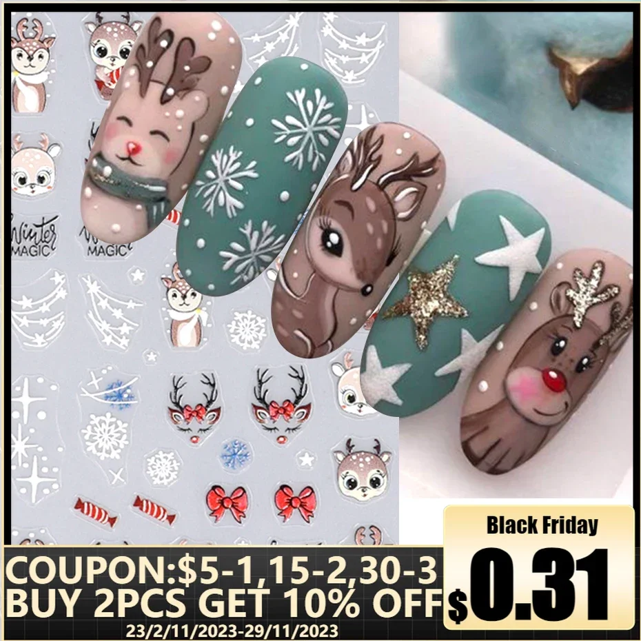 

5D Embossed Elk Nail Art Sticker Cute Christmas Winter Santa Claus Snowflake Gingerbread Man Engraved Slider Manicure Decoration